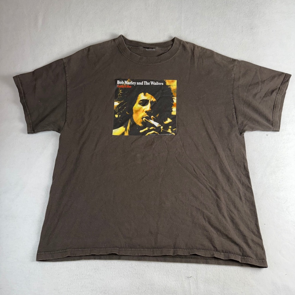 Bob Marley Catch A Fire Graphic T-Shirt Mens Brown Rootswear Reggae Band Tee